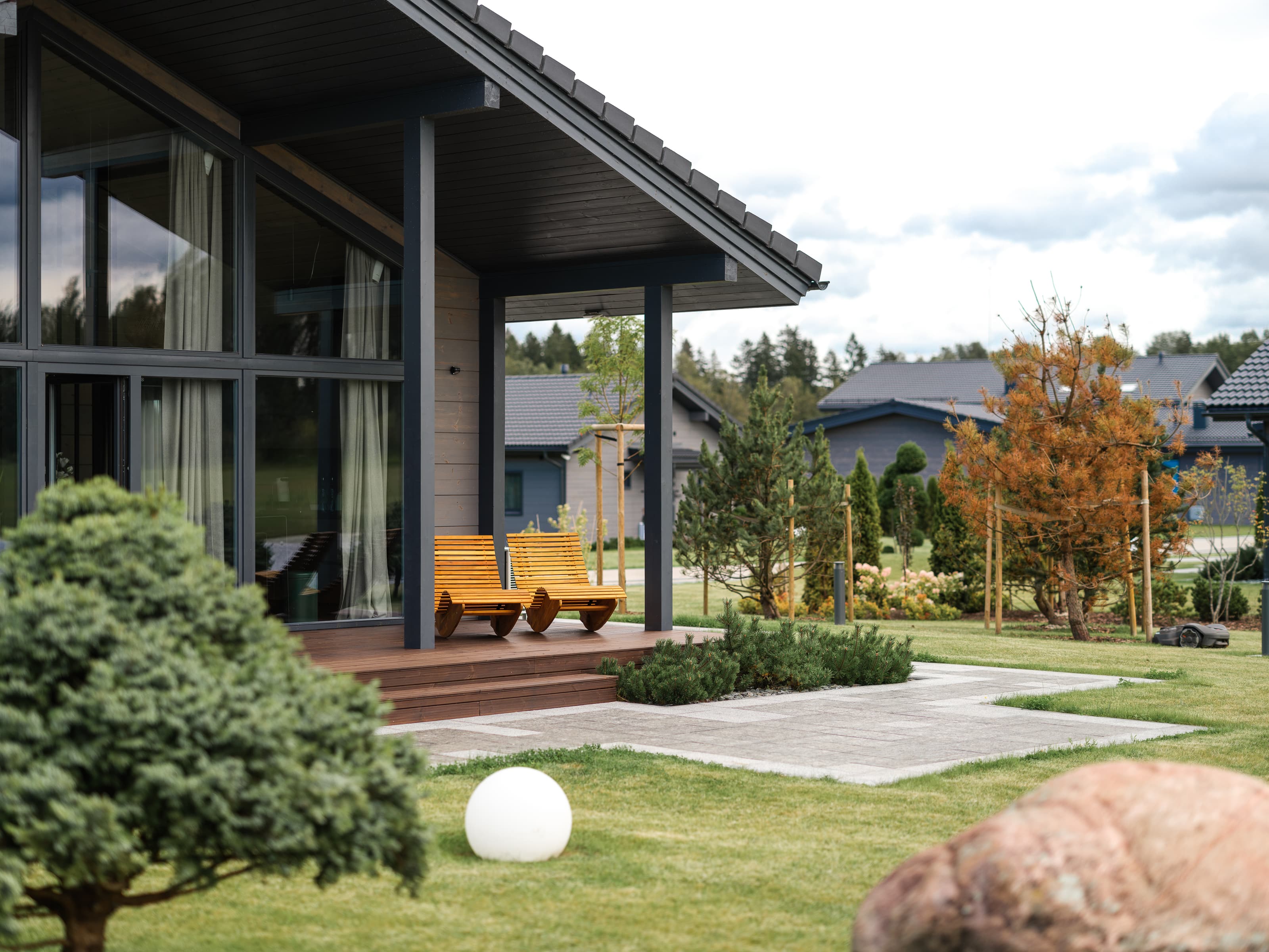 SeoVillage villa exterior with warm evening light