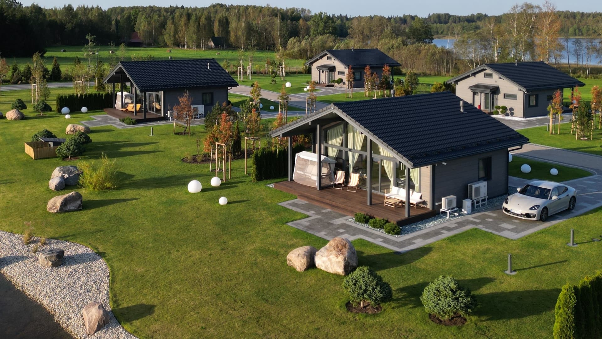 Aerial view of SeoVillage villas prepared for a private event