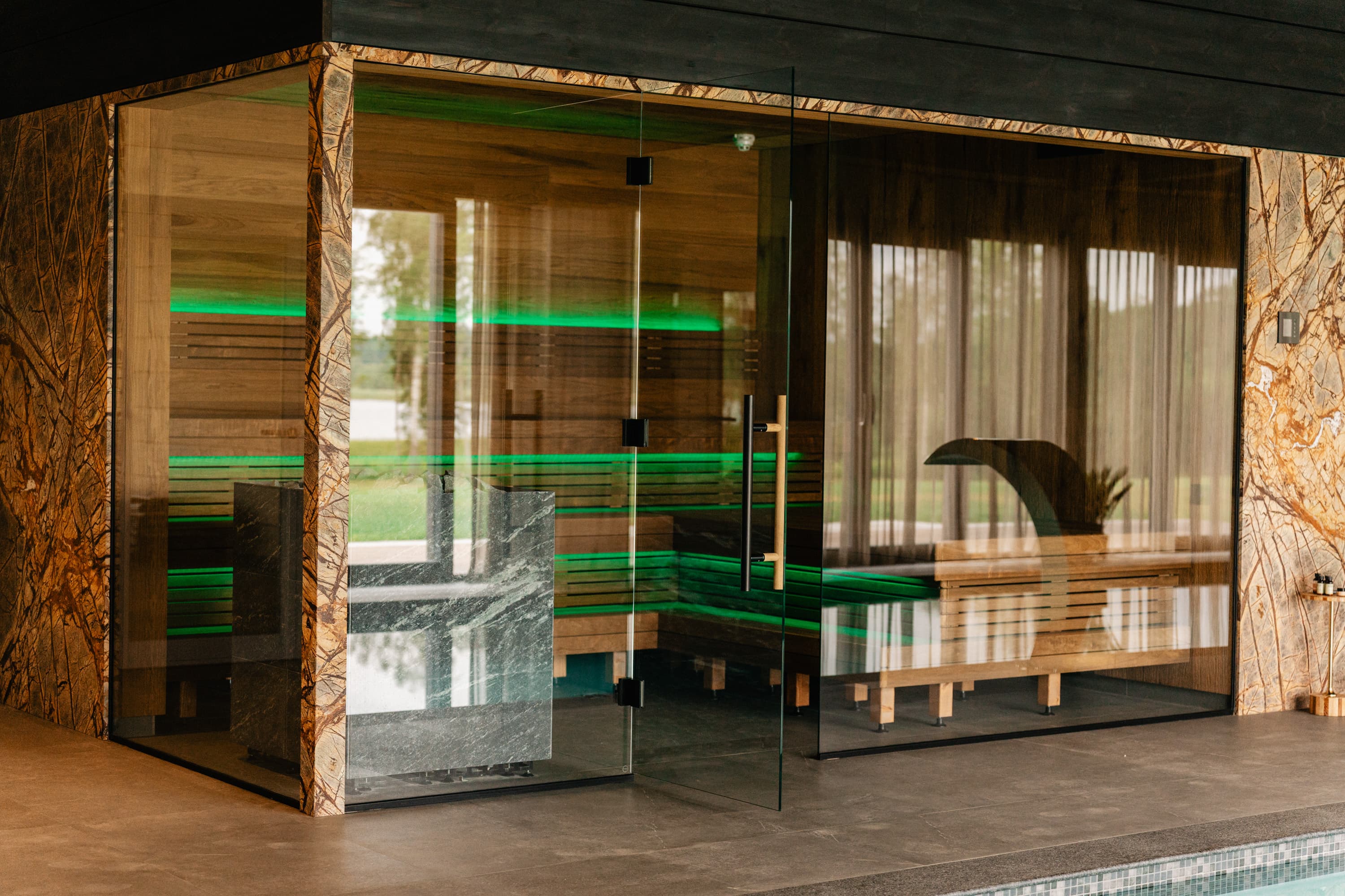 Sauna with green lighting