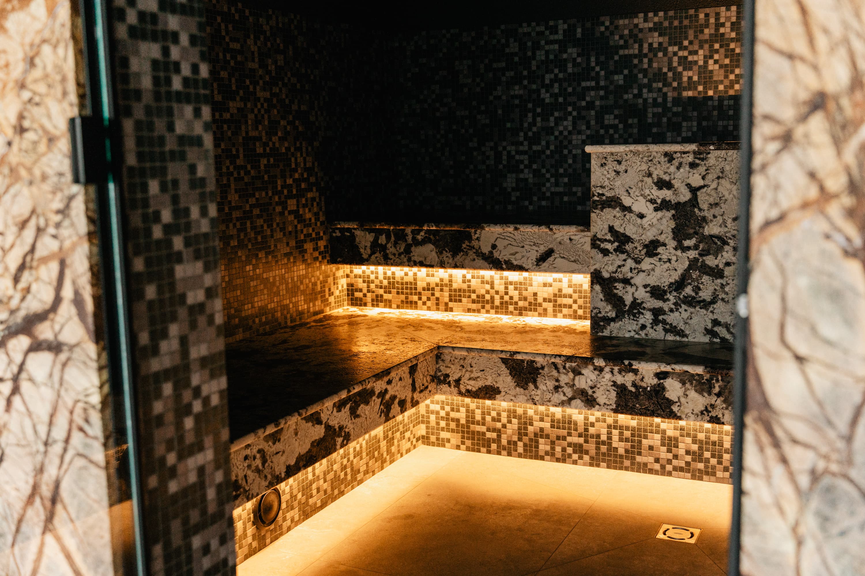 Hammam bench with warm light