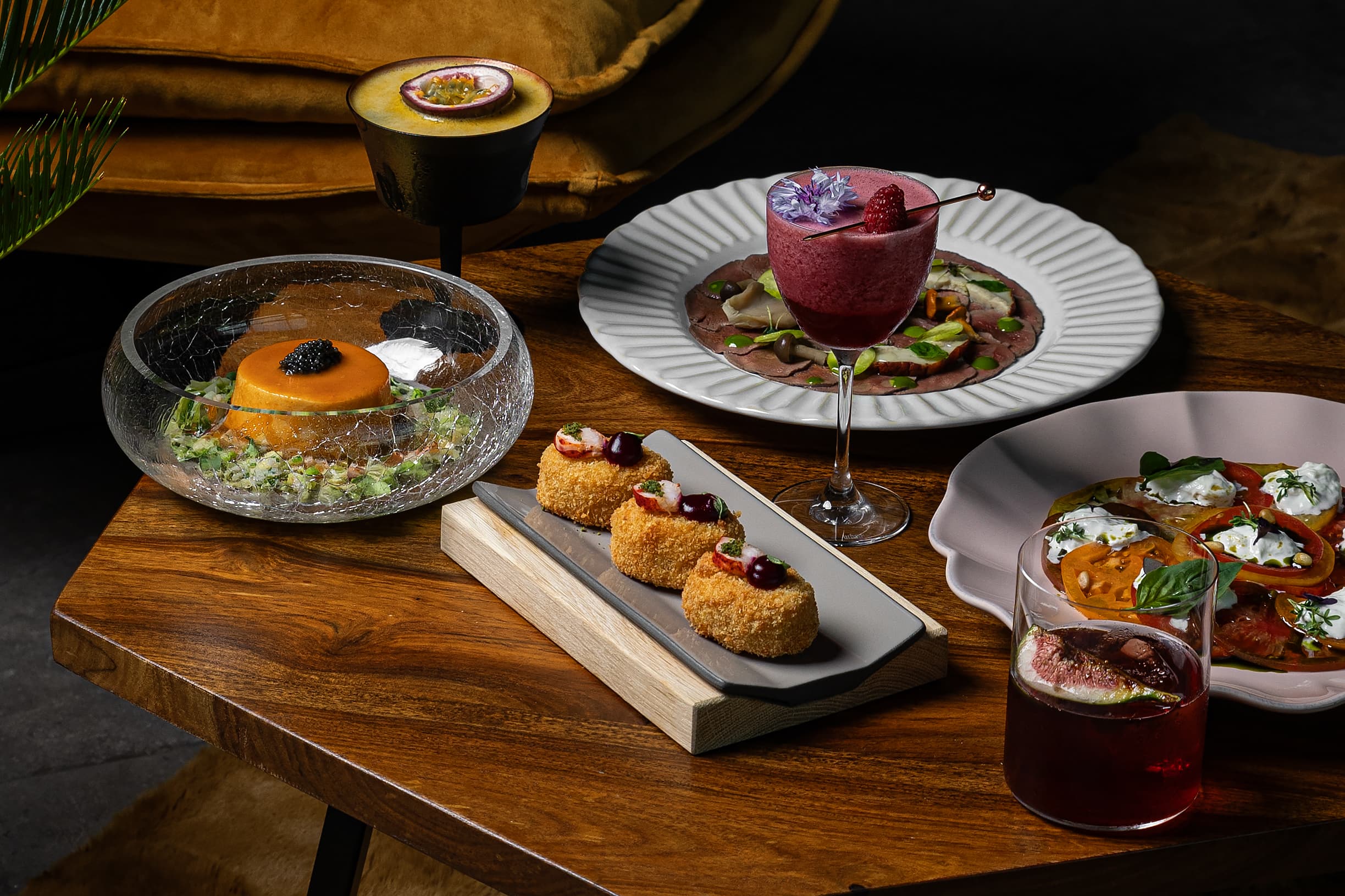 Restaurant dishes served on a wooden table